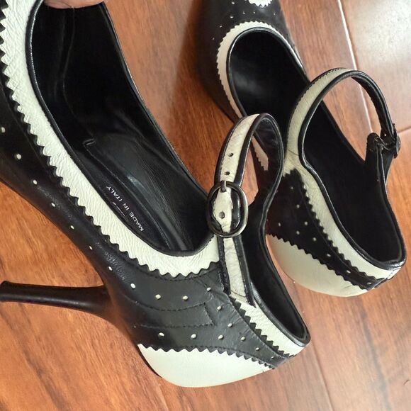 VTG Via Spiga Peep Toe Mary Jane’s Black White Ankle Strap Size 7M - Picture 9 of 13